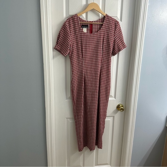 Vintage Midi Dress Lace Up Gingham Red Modest Casual Fall 90s Size Medium - Picture 4 of 8